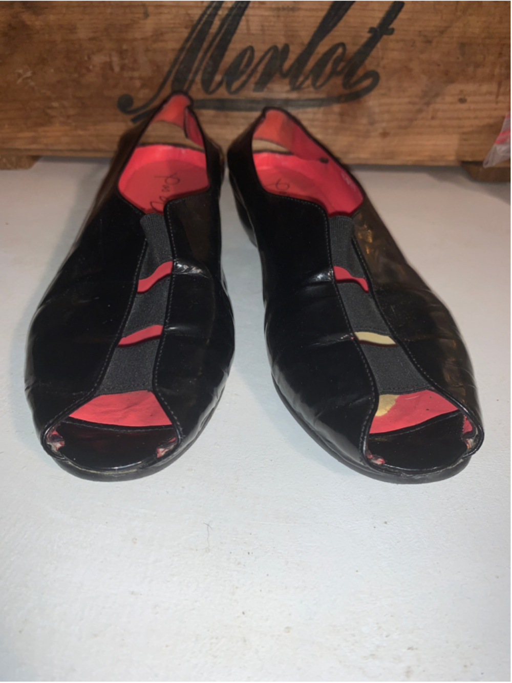 Women's Pas de Rouge Black and Red Peep Toe Flats euro 39.5